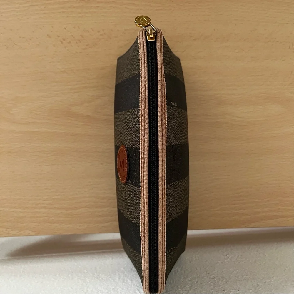 FENDI Pecan Striped Canvas Pouch Black Brown Gold COA 1980s Italy
